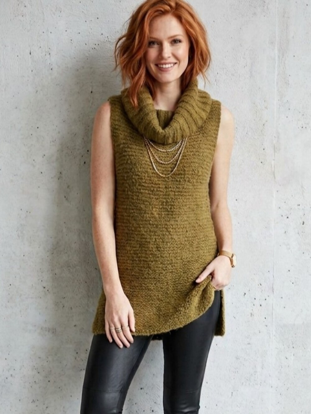 Chic Olive Green Chunky Knit Cowl Neck Tunic by Charlie Page